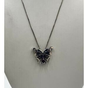 Vintage Sterling Silver Butterfly Pendant Amethyst Enamel 17" Box Chain Italy‎